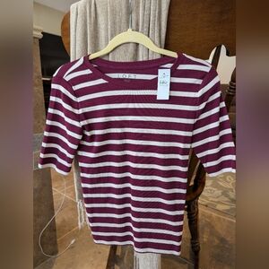 LOFT Striped Crewneck Tee in Burgundy and Cream